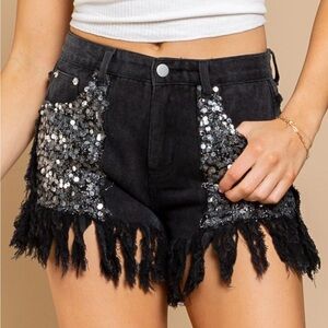 ‼️SOLD‼️ POL Black Sequin Fringe Jean Shorts